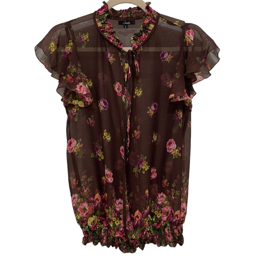 Sele Blouse Womens Small Brown Floral Ruffle Tie Neck Flutter Sleeve Chiffon Top